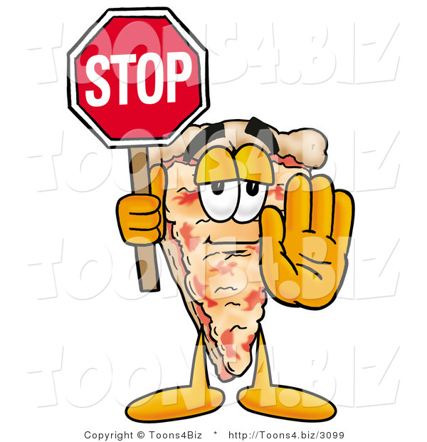Illustration of a Cartoon Cheese Pizza Mascot Holding a Stop Sign