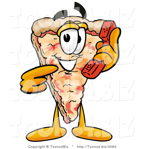 Illustration of a Cartoon Cheese Pizza Mascot Holding a Telephone