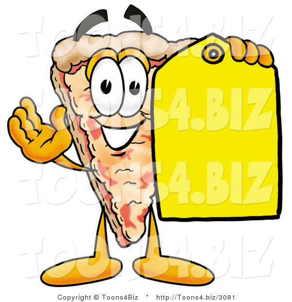 Illustration of a Cartoon Cheese Pizza Mascot Holding a Yellow Sales Price Tag