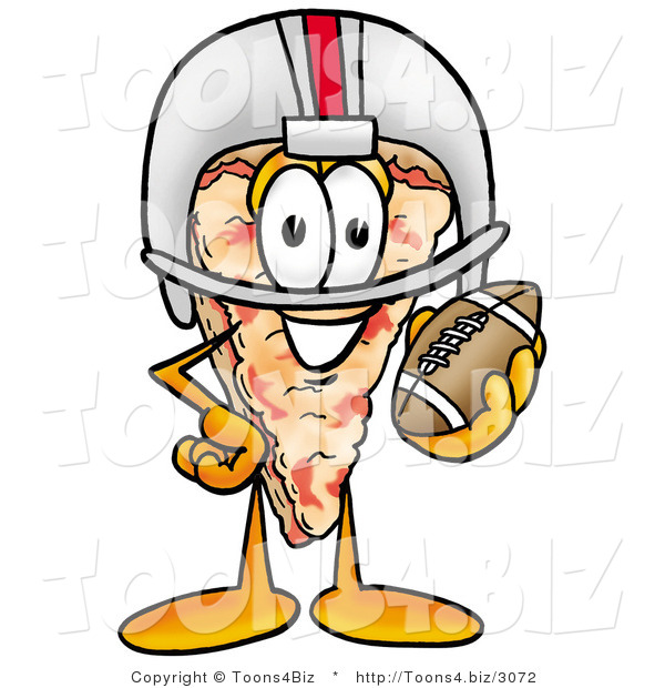 Illustration of a Cartoon Cheese Pizza Mascot in a Helmet, Holding a Football