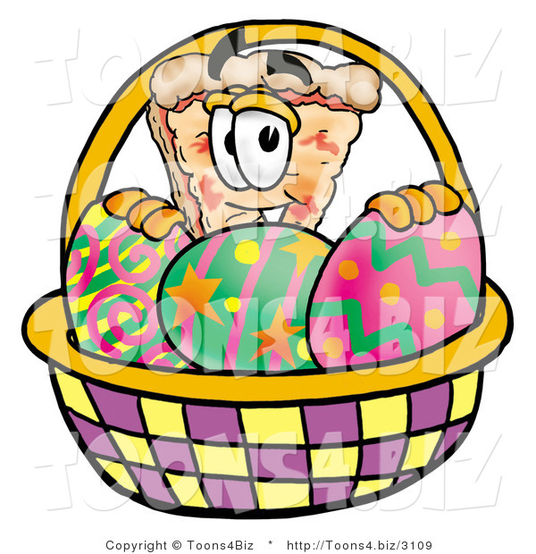 Illustration of a Cartoon Cheese Pizza Mascot in an Easter Basket Full of Decorated Easter Eggs