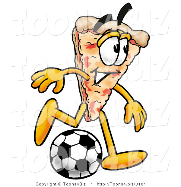 Illustration of a Cartoon Cheese Pizza Mascot Kicking a Soccer Ball
