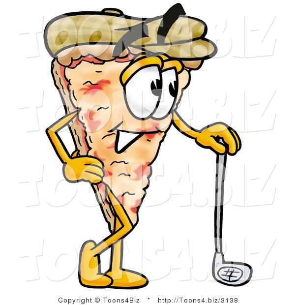 Illustration of a Cartoon Cheese Pizza Mascot Leaning on a Golf Club While Golfing