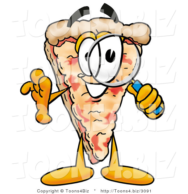 Illustration of a Cartoon Cheese Pizza Mascot Looking Through a Magnifying Glass