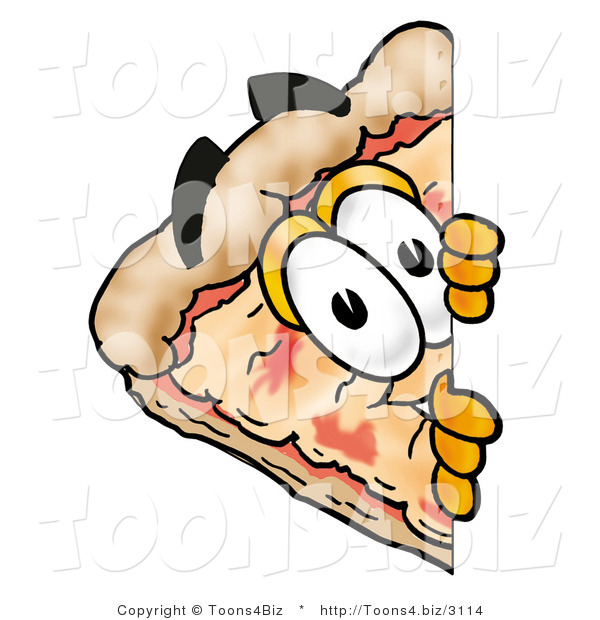 Illustration of a Cartoon Cheese Pizza Mascot Peeking Around a Corner