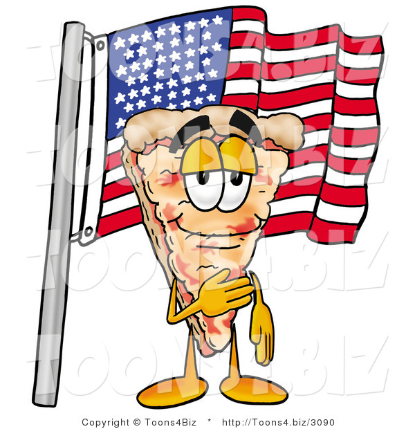 Illustration of a Cartoon Cheese Pizza Mascot Pledging Allegiance to an American Flag