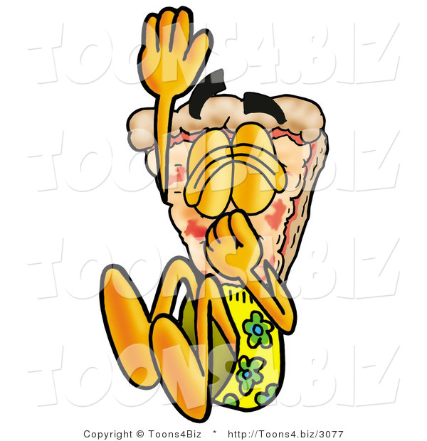 Illustration of a Cartoon Cheese Pizza Mascot Plugging His Nose While Jumping into Water