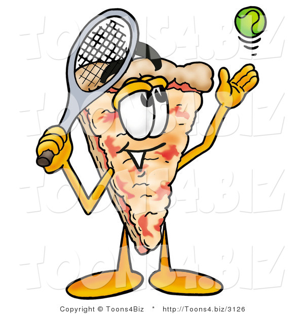 Illustration of a Cartoon Cheese Pizza Mascot Preparing to Hit a Tennis Ball
