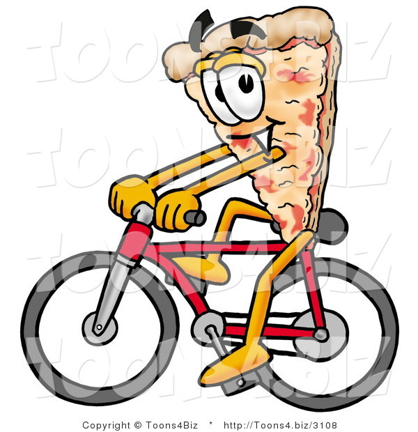 Illustration of a Cartoon Cheese Pizza Mascot Riding a Bicycle