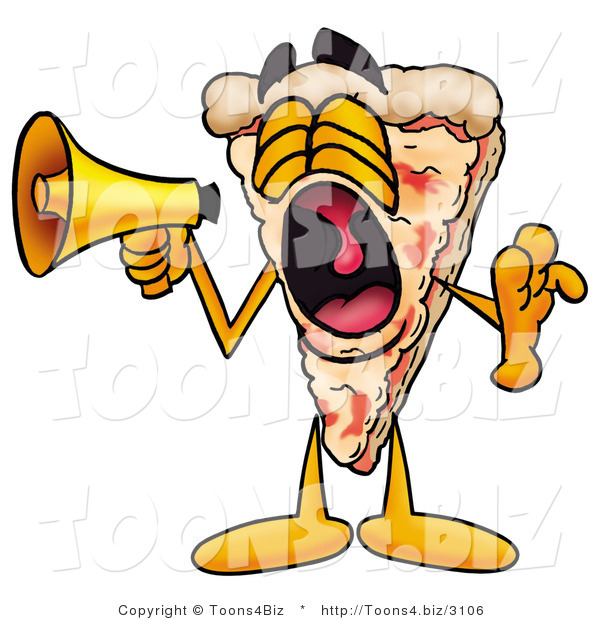 Illustration of a Cartoon Cheese Pizza Mascot Screaming into a Megaphone