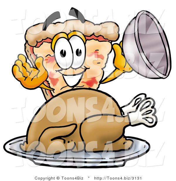Illustration of a Cartoon Cheese Pizza Mascot Serving a Thanksgiving Turkey on a Platter