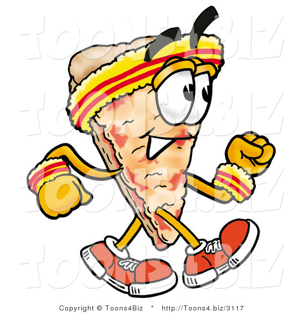 Illustration of a Cartoon Cheese Pizza Mascot Speed Walking or Jogging