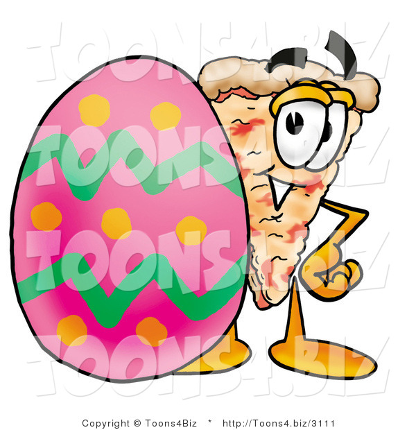 Illustration of a Cartoon Cheese Pizza Mascot Standing Beside an Easter Egg