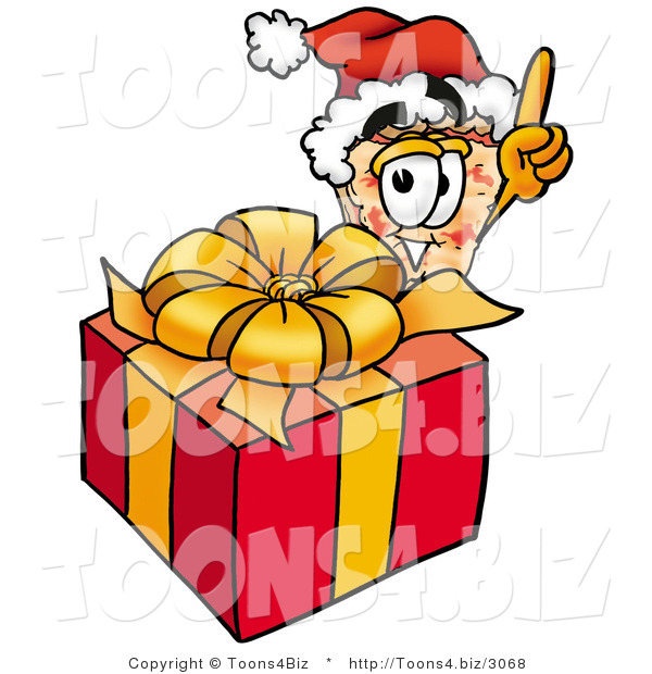 Illustration of a Cartoon Cheese Pizza Mascot Standing by a Christmas Present