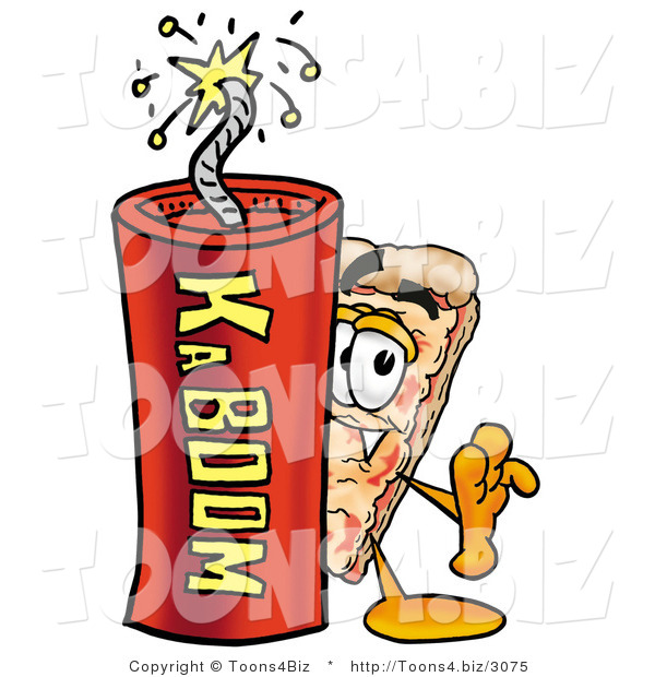 Illustration of a Cartoon Cheese Pizza Mascot Standing with a Lit Stick of Dynamite