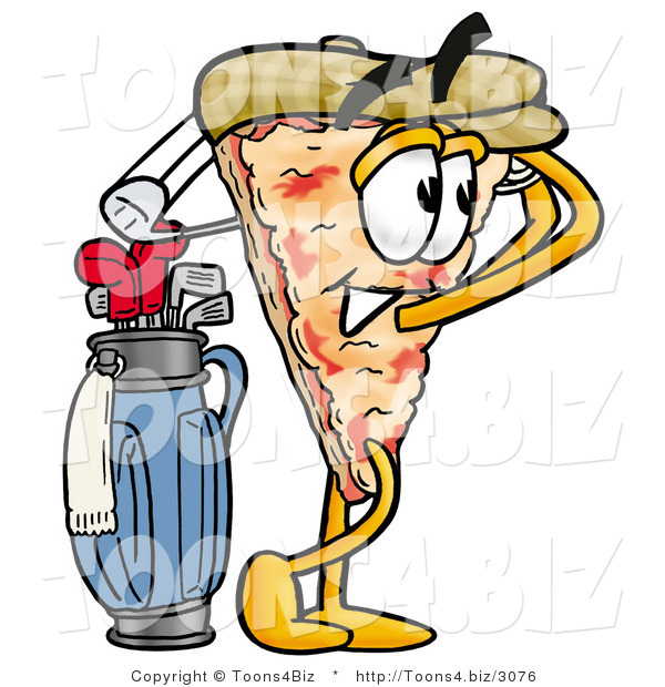 Illustration of a Cartoon Cheese Pizza Mascot Swinging His Golf Club While Golfing
