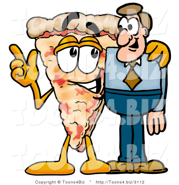 Illustration of a Cartoon Cheese Pizza Mascot Talking to a Business Man