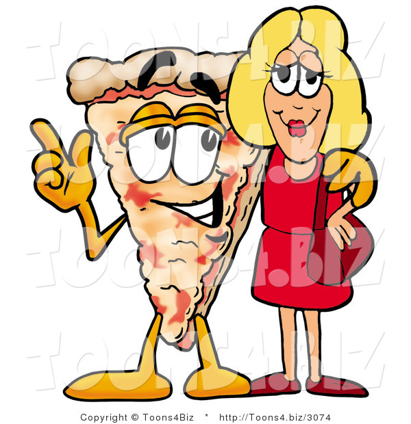 Illustration of a Cartoon Cheese Pizza Mascot Talking to a Pretty Blond Woman