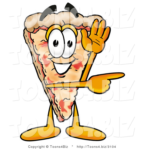 Illustration of a Cartoon Cheese Pizza Mascot Waving and Pointing