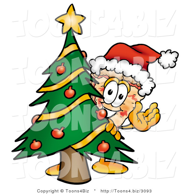 Illustration of a Cartoon Cheese Pizza Mascot Waving and Standing by a Decorated Christmas Tree