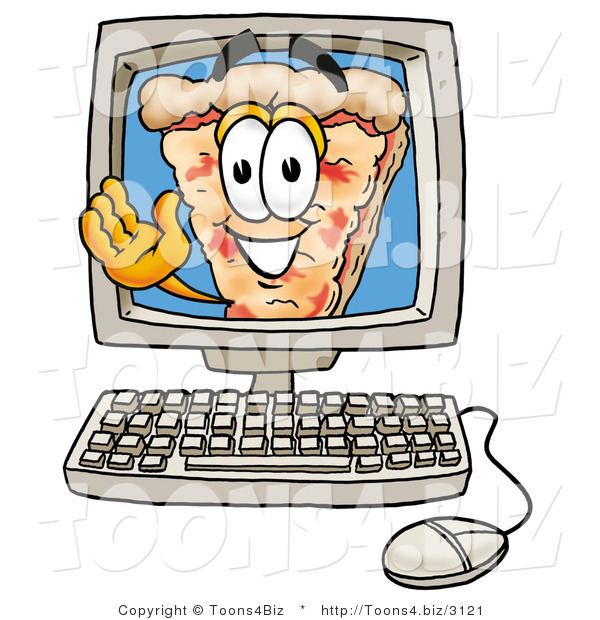 Illustration of a Cartoon Cheese Pizza Mascot Waving from Inside a Computer Screen