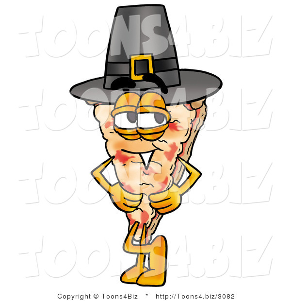 Illustration of a Cartoon Cheese Pizza Mascot Wearing a Pilgrim Hat on Thanksgiving