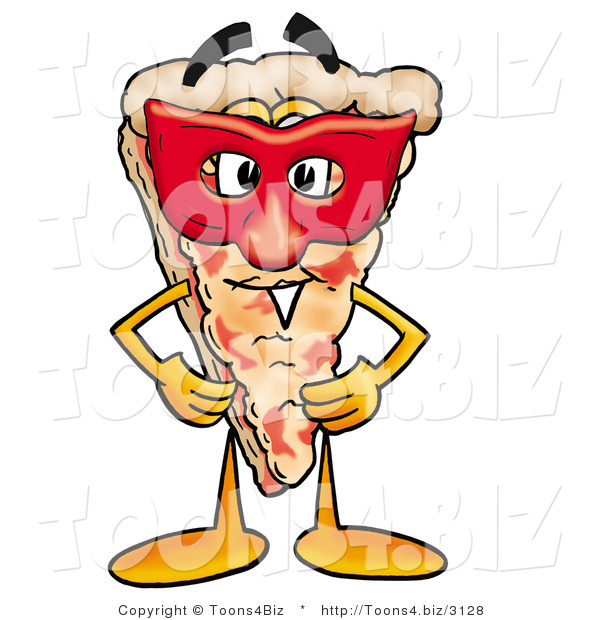 Illustration of a Cartoon Cheese Pizza Mascot Wearing a Red Mask over His Face