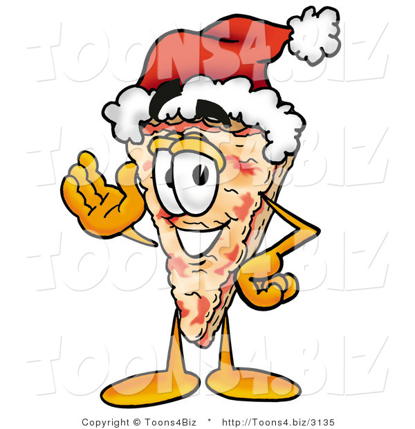Illustration of a Cartoon Cheese Pizza Mascot Wearing a Santa Hat and Waving