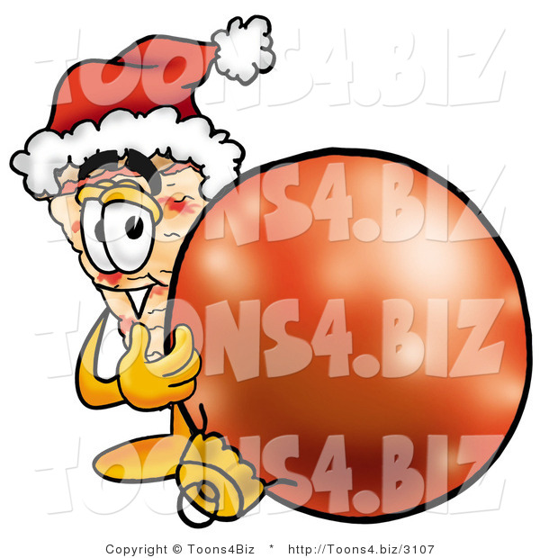 Illustration of a Cartoon Cheese Pizza Mascot Wearing a Santa Hat, Standing with a Christmas Bauble