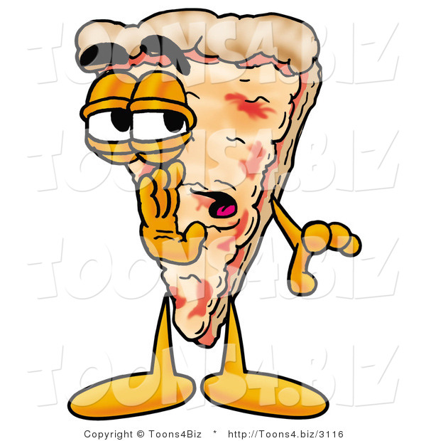 Illustration of a Cartoon Cheese Pizza Mascot Whispering and Gossiping