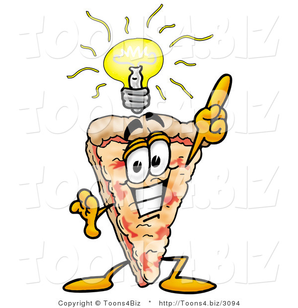 Illustration of a Cartoon Cheese Pizza Mascot with a Bright Idea