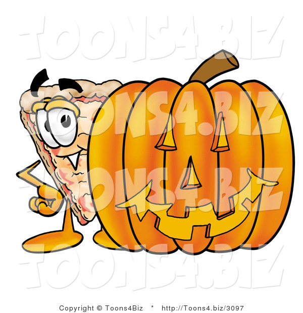 Illustration of a Cartoon Cheese Pizza Mascot with a Carved Halloween Pumpkin