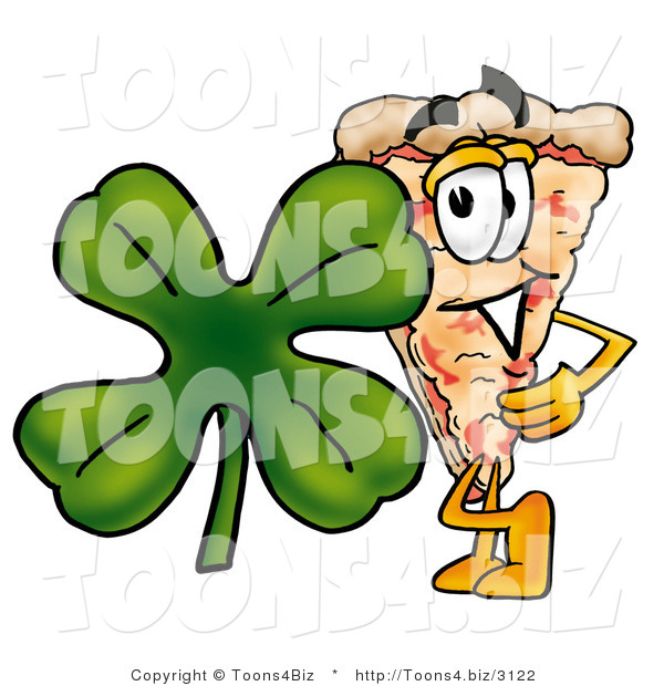 Illustration of a Cartoon Cheese Pizza Mascot with a Green Four Leaf Clover on St Paddy's or St Patricks Day