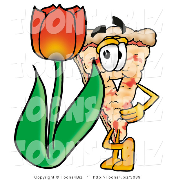 Illustration of a Cartoon Cheese Pizza Mascot with a Red Tulip Flower in the Spring