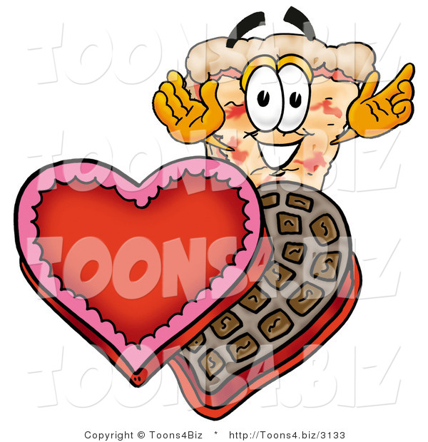Illustration of a Cartoon Cheese Pizza Mascot with an Open Box of Valentines Day Chocolate Candies