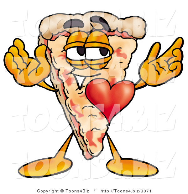 Illustration of a Cartoon Cheese Pizza Mascot with His Heart Beating out of His Chest