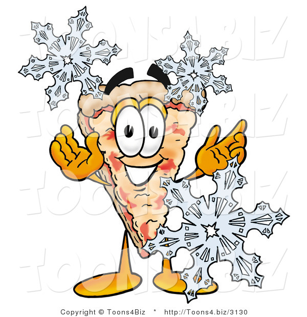 Illustration of a Cartoon Cheese Pizza Mascot with Three Snowflakes in Winter