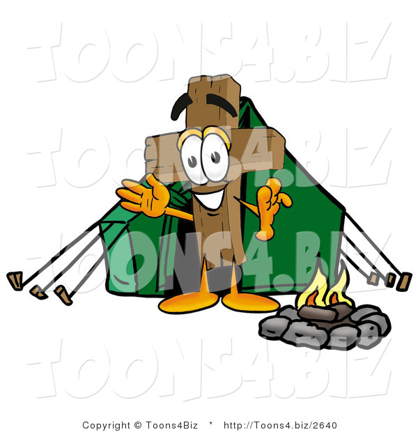 Illustration of a Cartoon Christian Cross Mascot Camping with a Tent and Fire