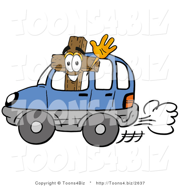 Illustration of a Cartoon Christian Cross Mascot Driving a Blue Car and Waving