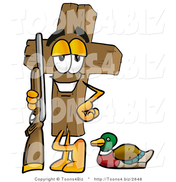 Illustration of a Cartoon Christian Cross Mascot Duck Hunting, Standing with a Rifle and Duck