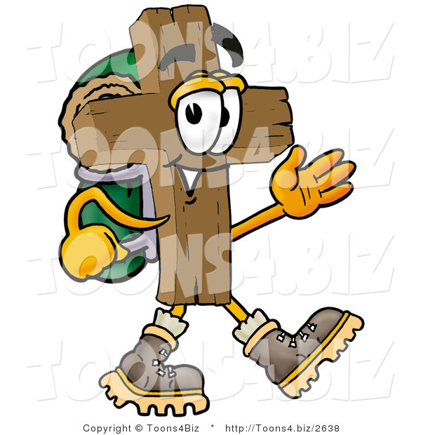 Illustration of a Cartoon Christian Cross Mascot Hiking and Carrying a Backpack