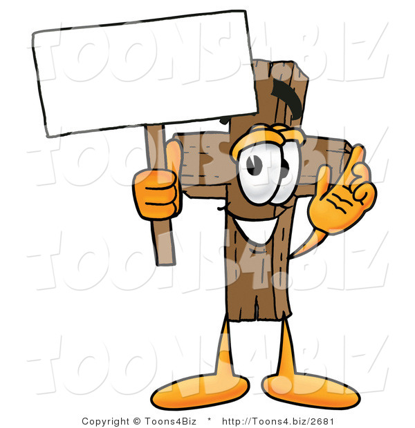 Illustration of a Cartoon Christian Cross Mascot Holding a Blank Sign