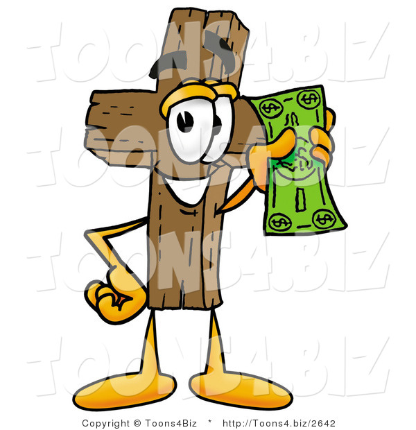 Illustration of a Cartoon Christian Cross Mascot Holding a Dollar Bill