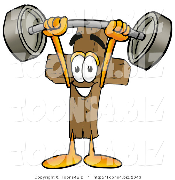 Illustration of a Cartoon Christian Cross Mascot Holding a Heavy Barbell Above His Head