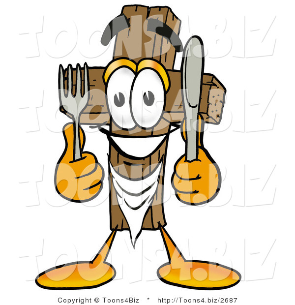 Illustration of a Cartoon Christian Cross Mascot Holding a Knife and Fork