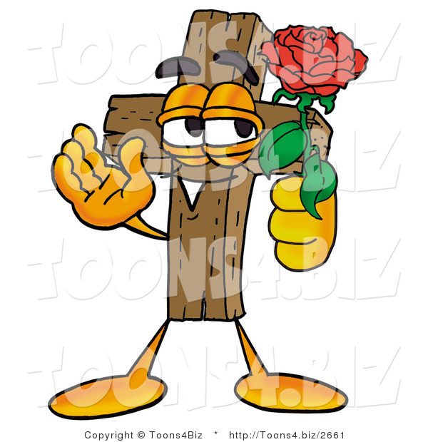 Illustration of a Cartoon Christian Cross Mascot Holding a Red Rose on Valentines Day