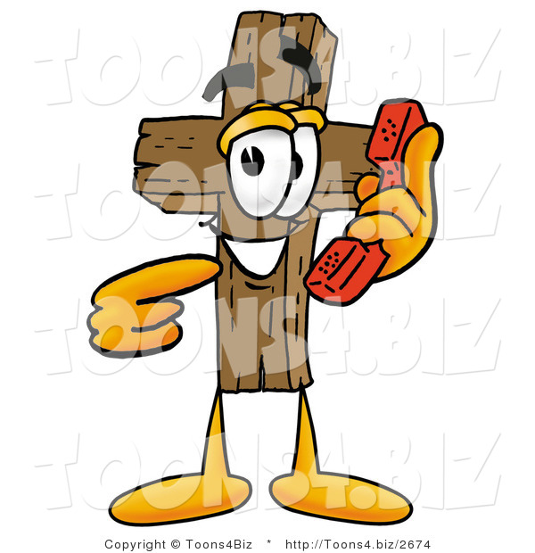 Illustration of a Cartoon Christian Cross Mascot Holding a Telephone