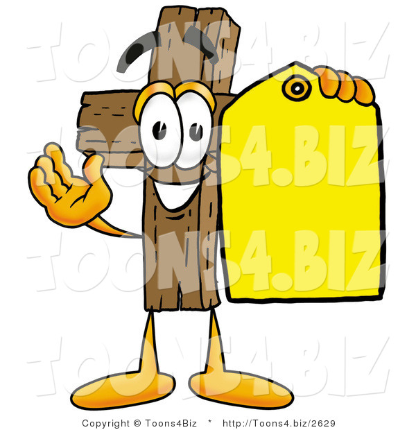 Illustration of a Cartoon Christian Cross Mascot Holding a Yellow Sales Price Tag