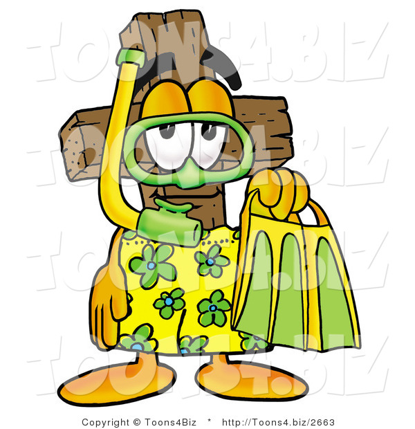 Illustration of a Cartoon Christian Cross Mascot in Green and Yellow Snorkel Gear