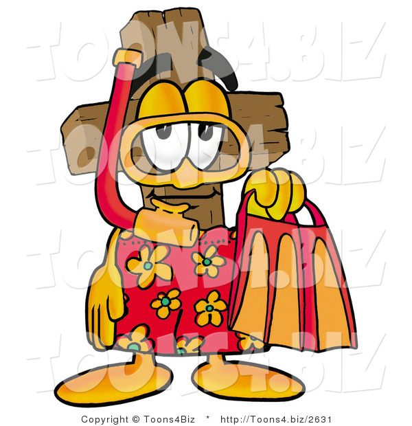 Illustration of a Cartoon Christian Cross Mascot in Orange and Red Snorkel Gear